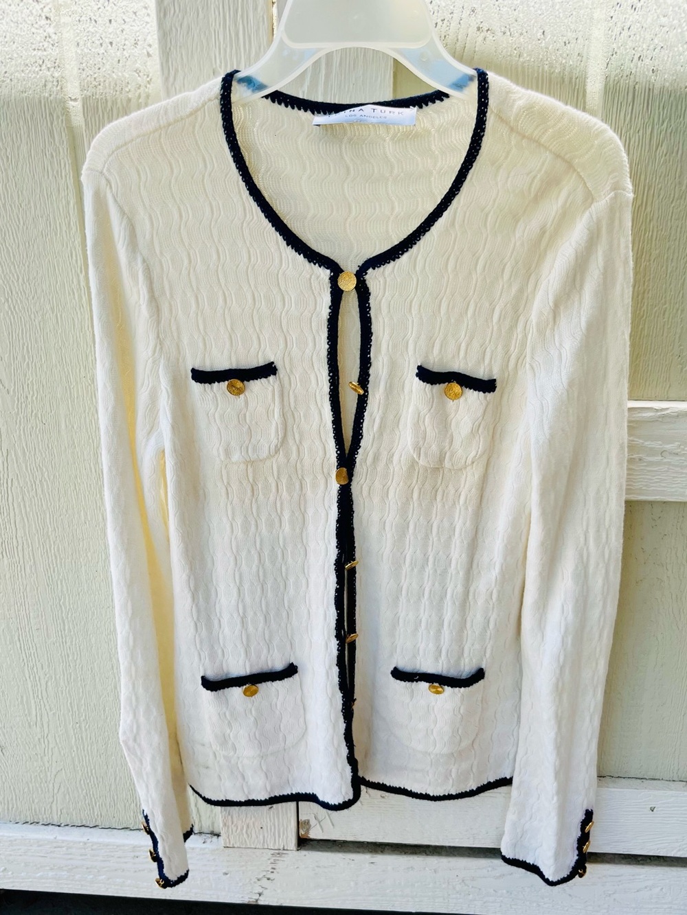 Trina Turk Cream Cardigan with Navy Trim and Gold Buttons